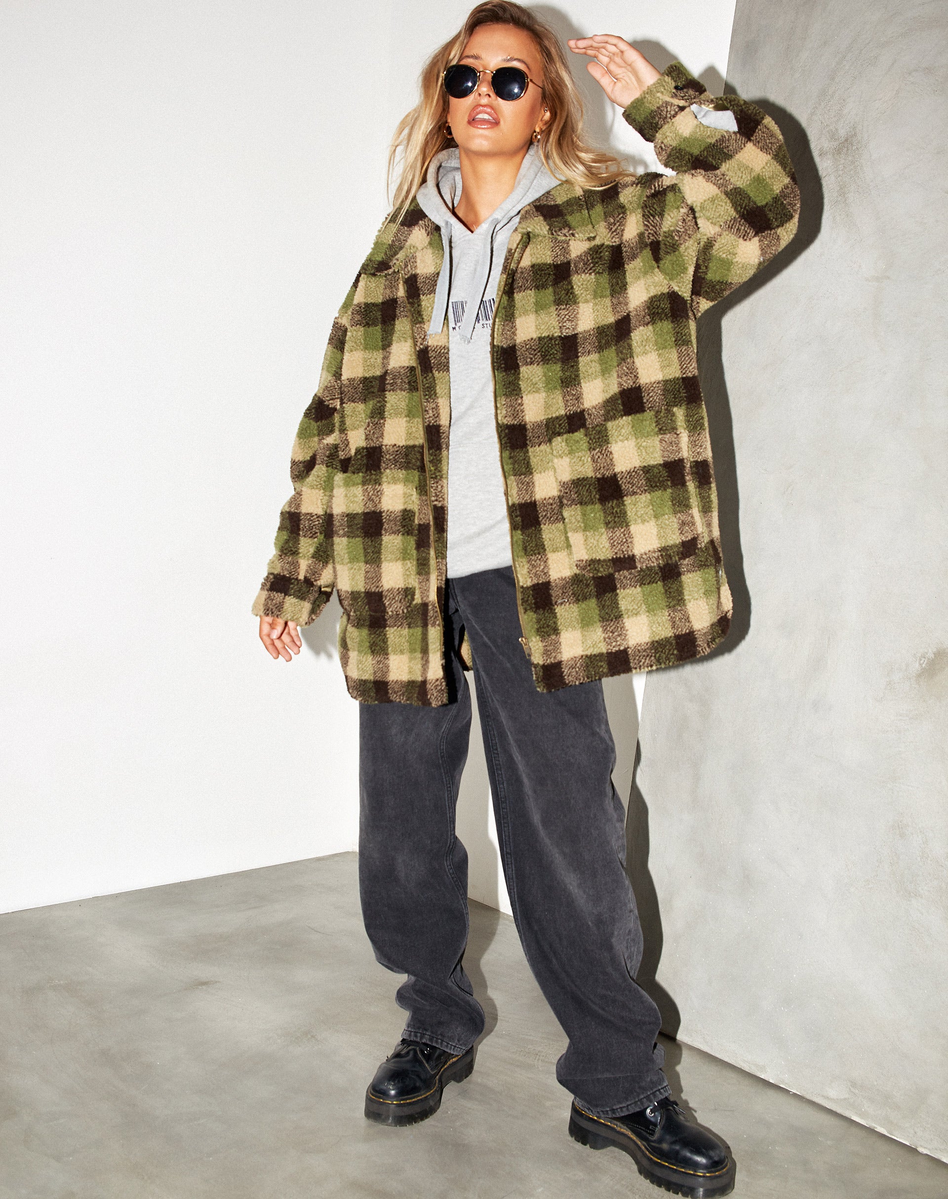 Image of Teddy Coat in Green Check Borg