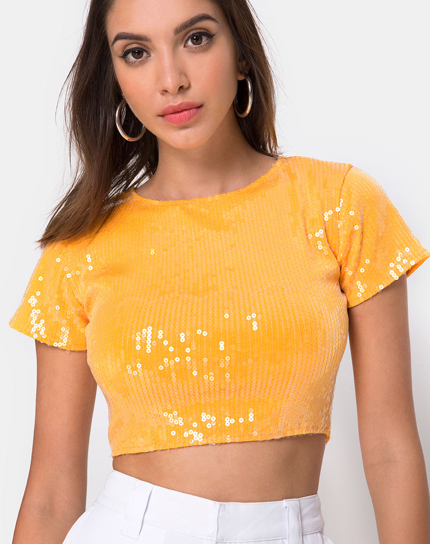 Tindy Crop Top in Tangerine with Clear Sequin