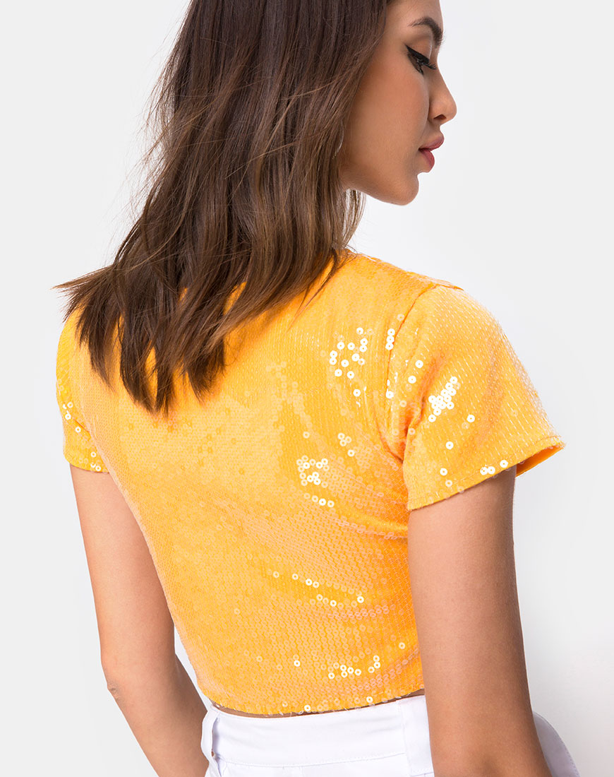 Image of Tindy Crop Top in Tangerine with Clear Sequin