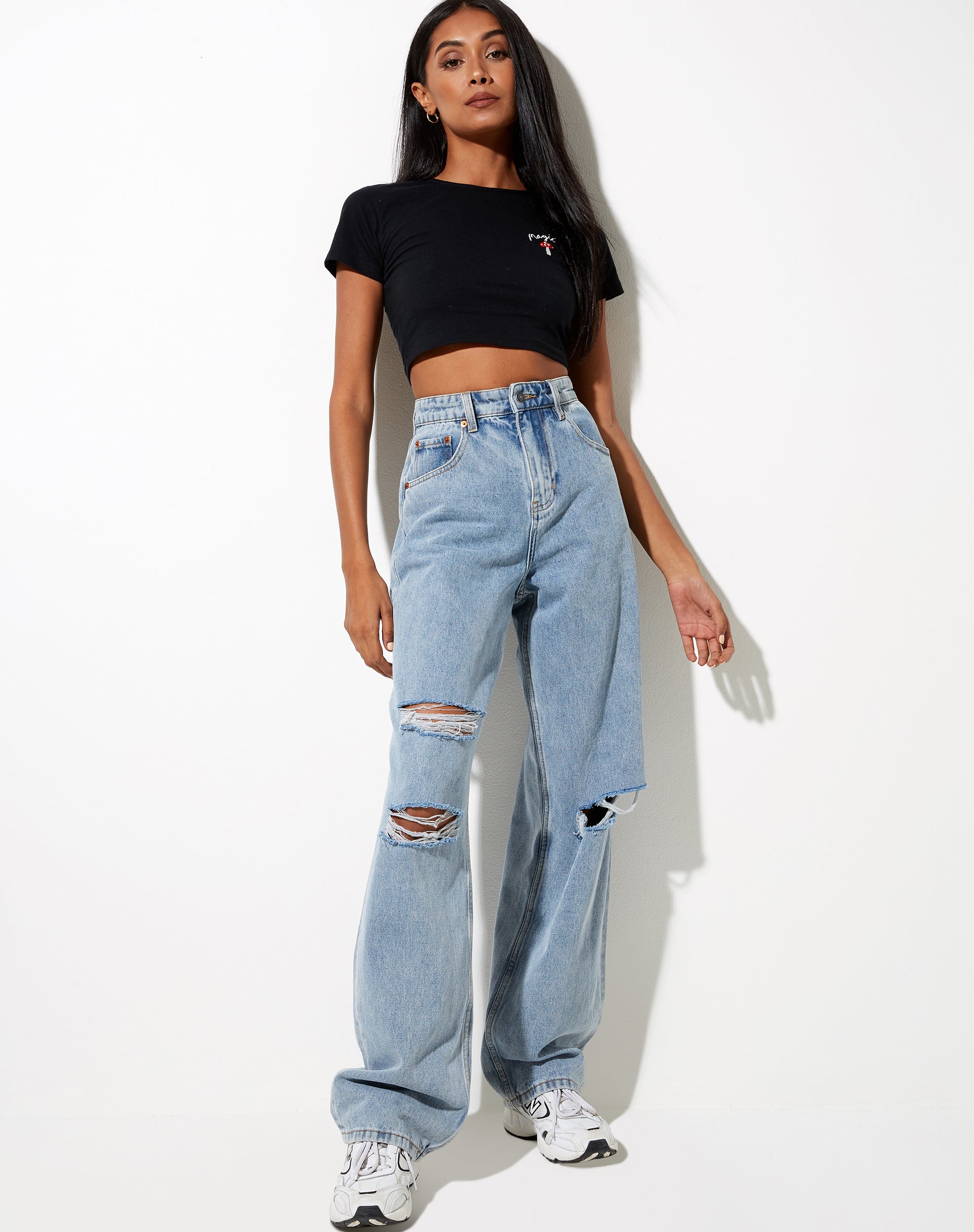 Image of Tindy Crop in Black with Red Mushroom Embro