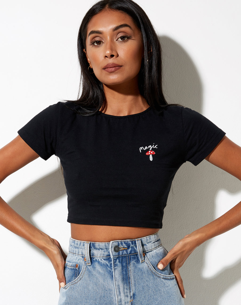 Tindy Crop in Black with Red Mushroom Embro