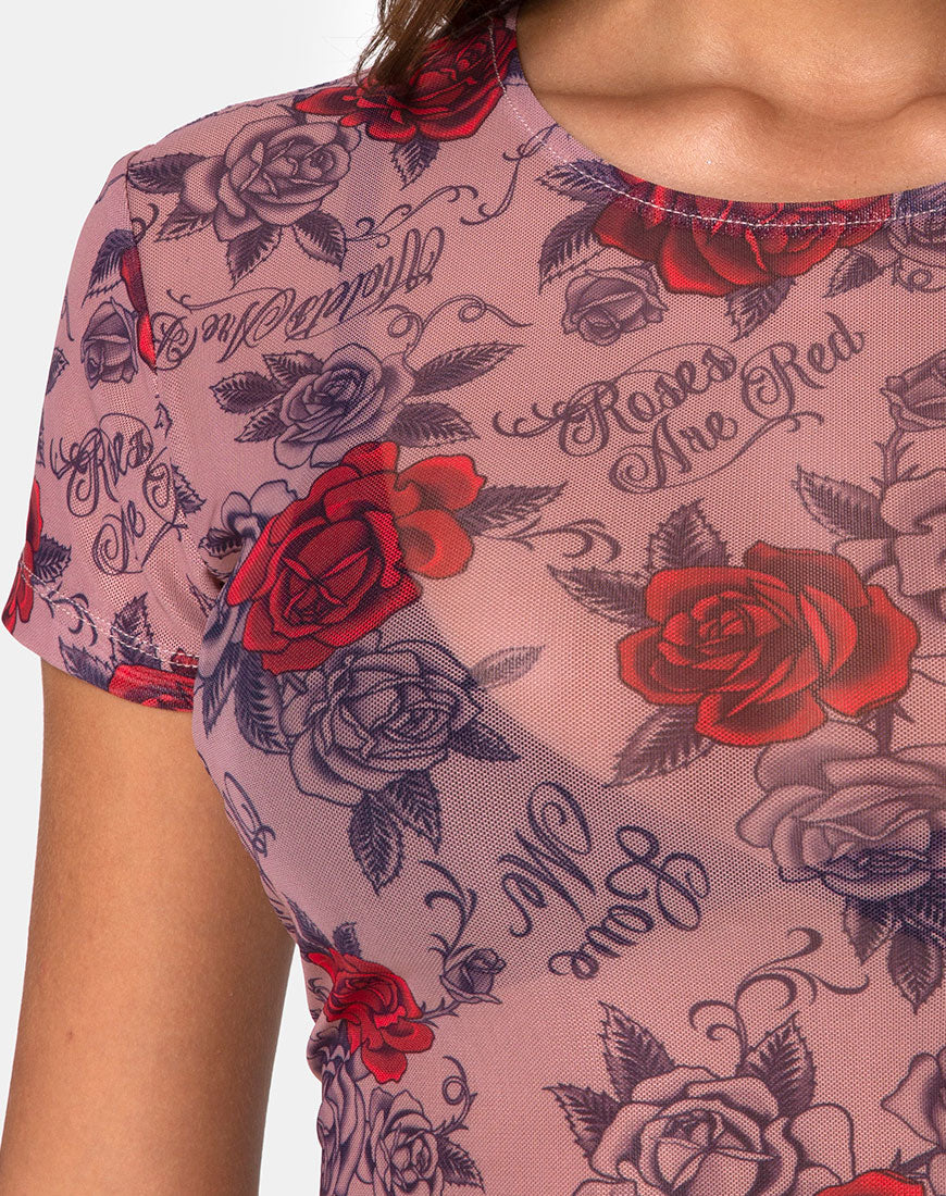 Image of Tiney Crop Tee in Roses Are Red Mesh