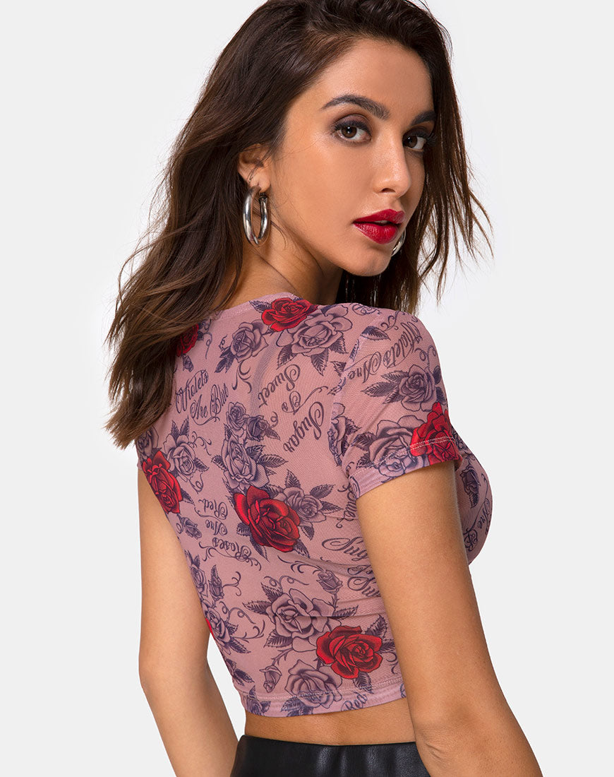 Image of Tiney Crop Tee in Roses Are Red Mesh