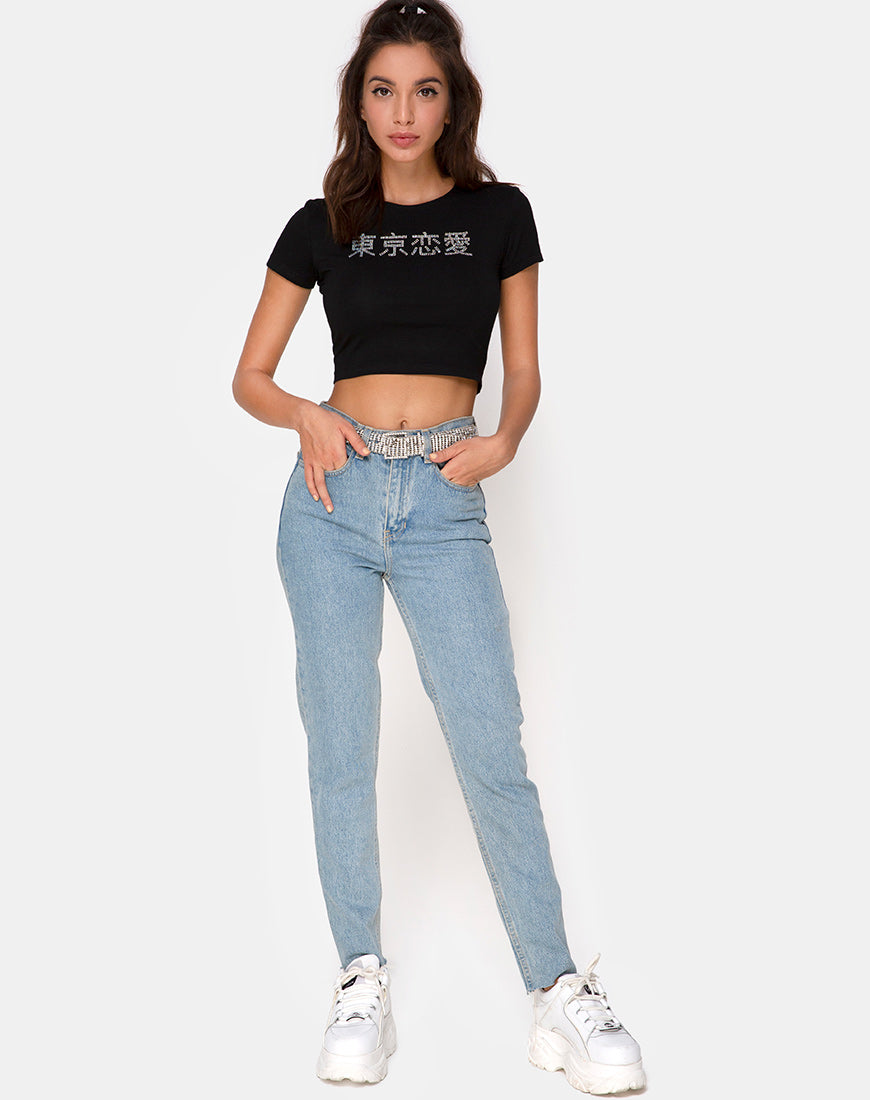 Image of Tiney Crop Top Tee in Black with Diamante Hotfix