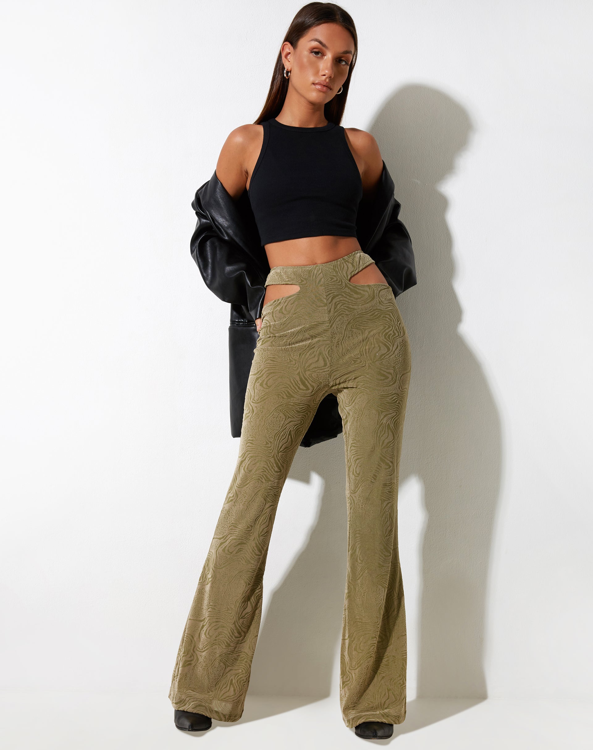 IMAGE OF Flare Trouser in Mixed Animal Flock Olive