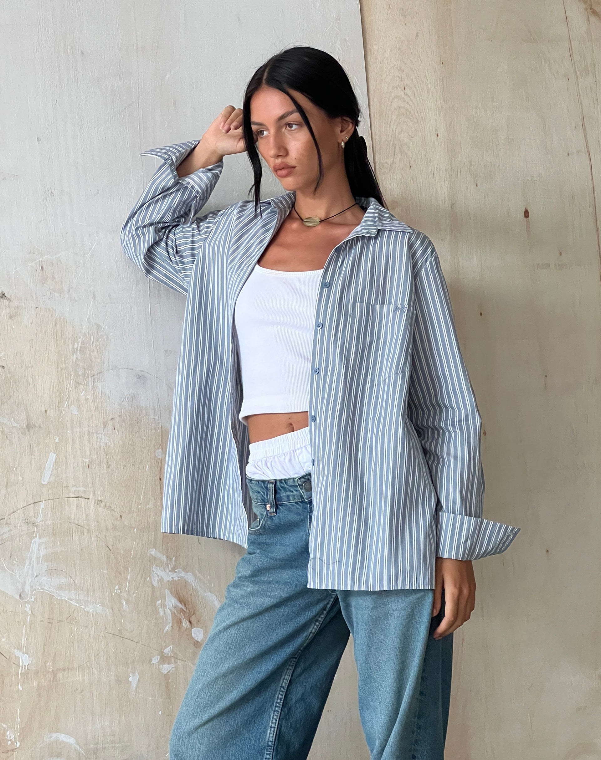 Image of MOTEL X JACQUIE Turner Shirt in Grey and White Stripe with M Embroidery