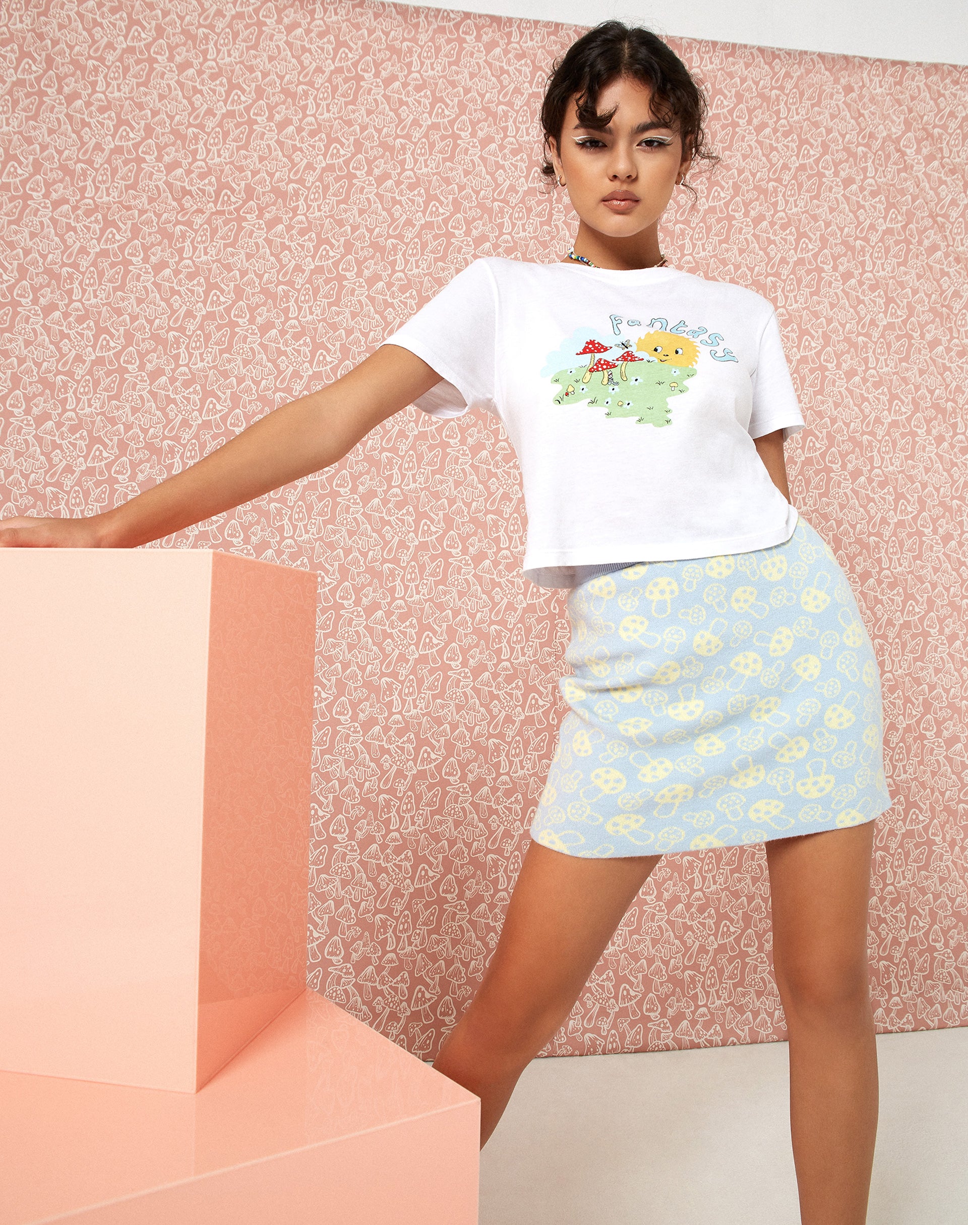 High Waist Blue and Yellow Mushroom Print Knitted Skirt | Riani