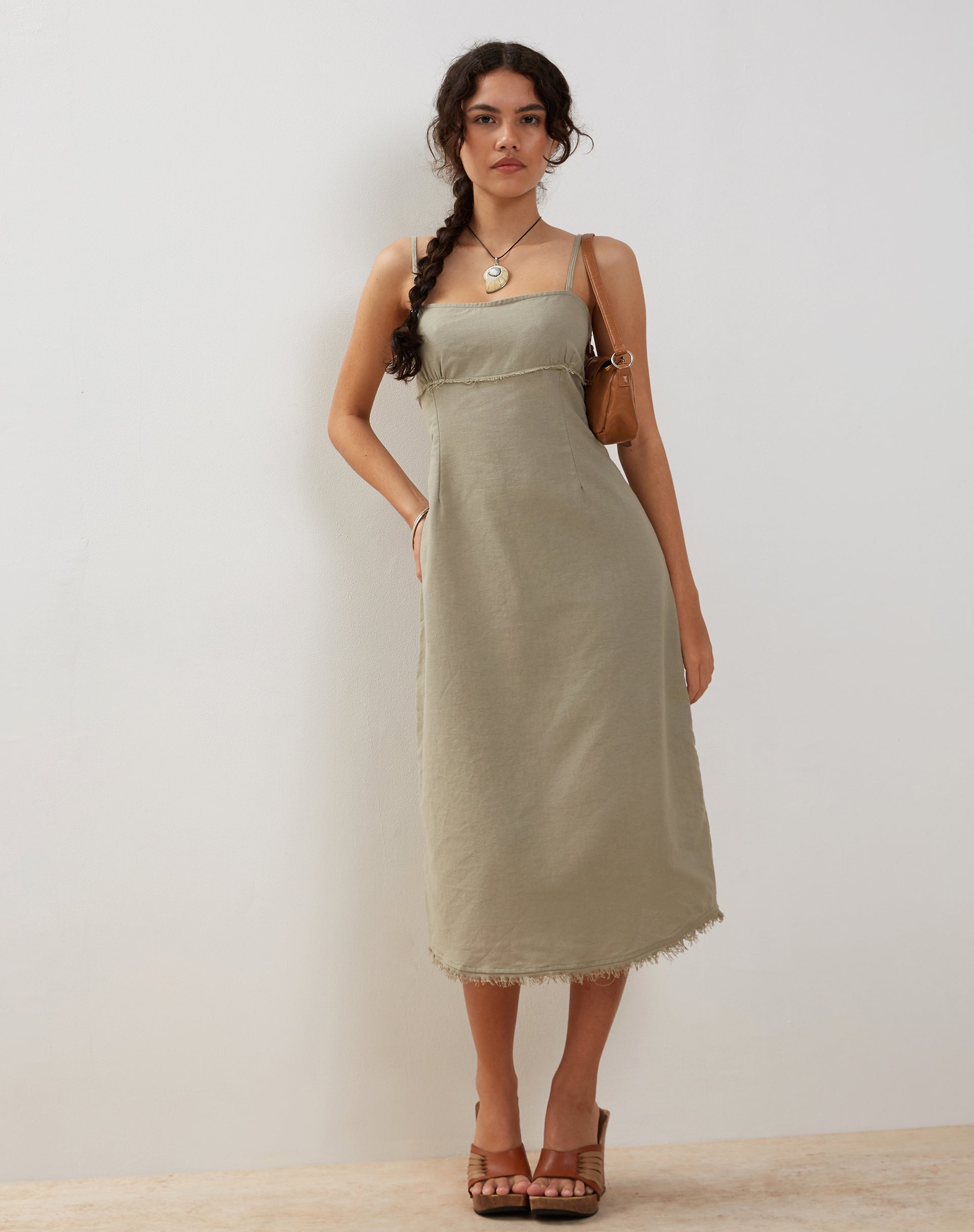 Green linen midi dress sale