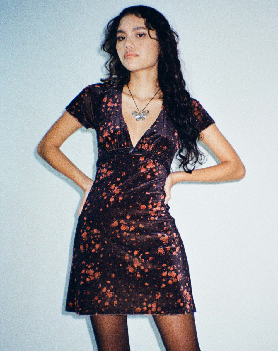 Rose Cluster Velvet Bodycon V Neck Mini Dress | Vania – motelrocks.com
