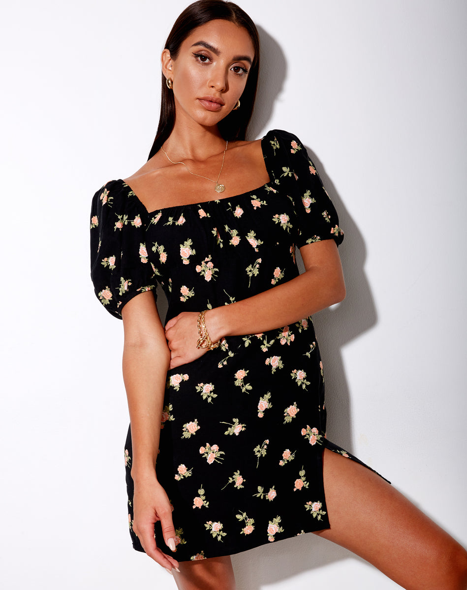Black Floral Short Sleeved Mini Dress | Varie – motelrocks.com