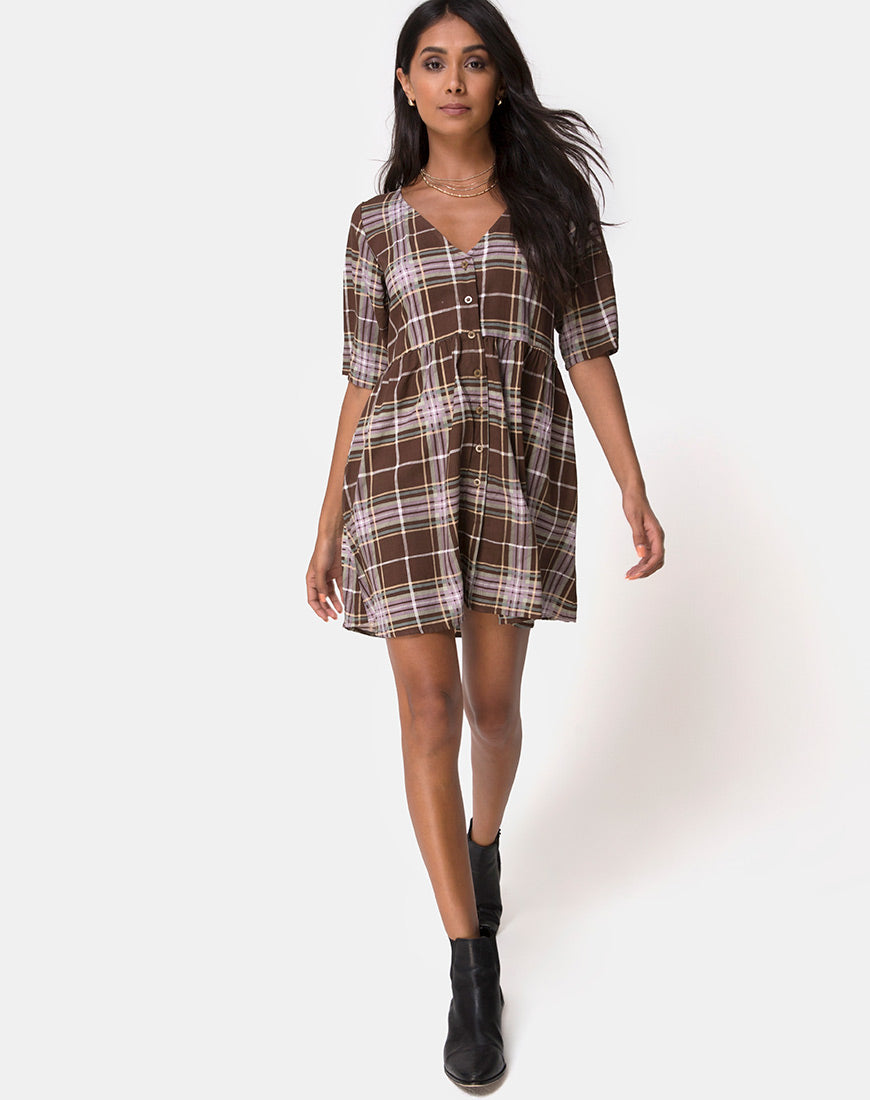 Image of Verren Babydoll Dress in Tartan Brown