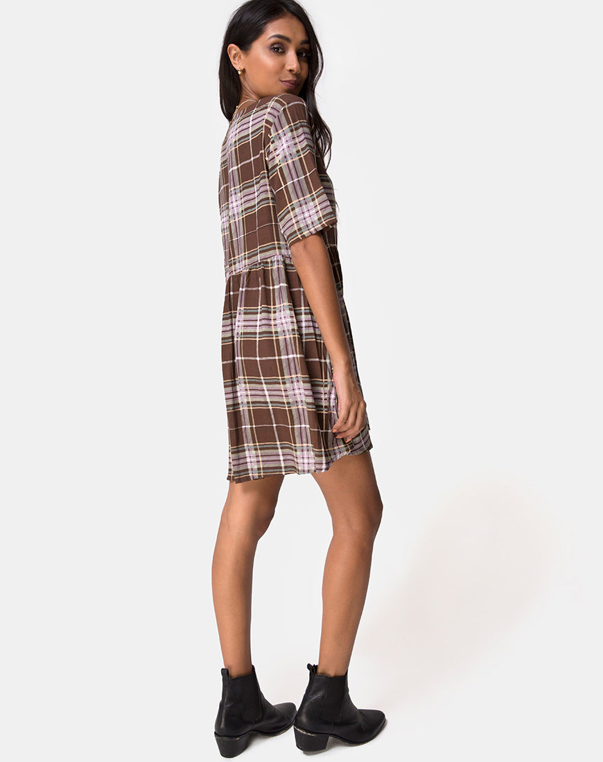 Image of Verren Babydoll Dress in Tartan Brown