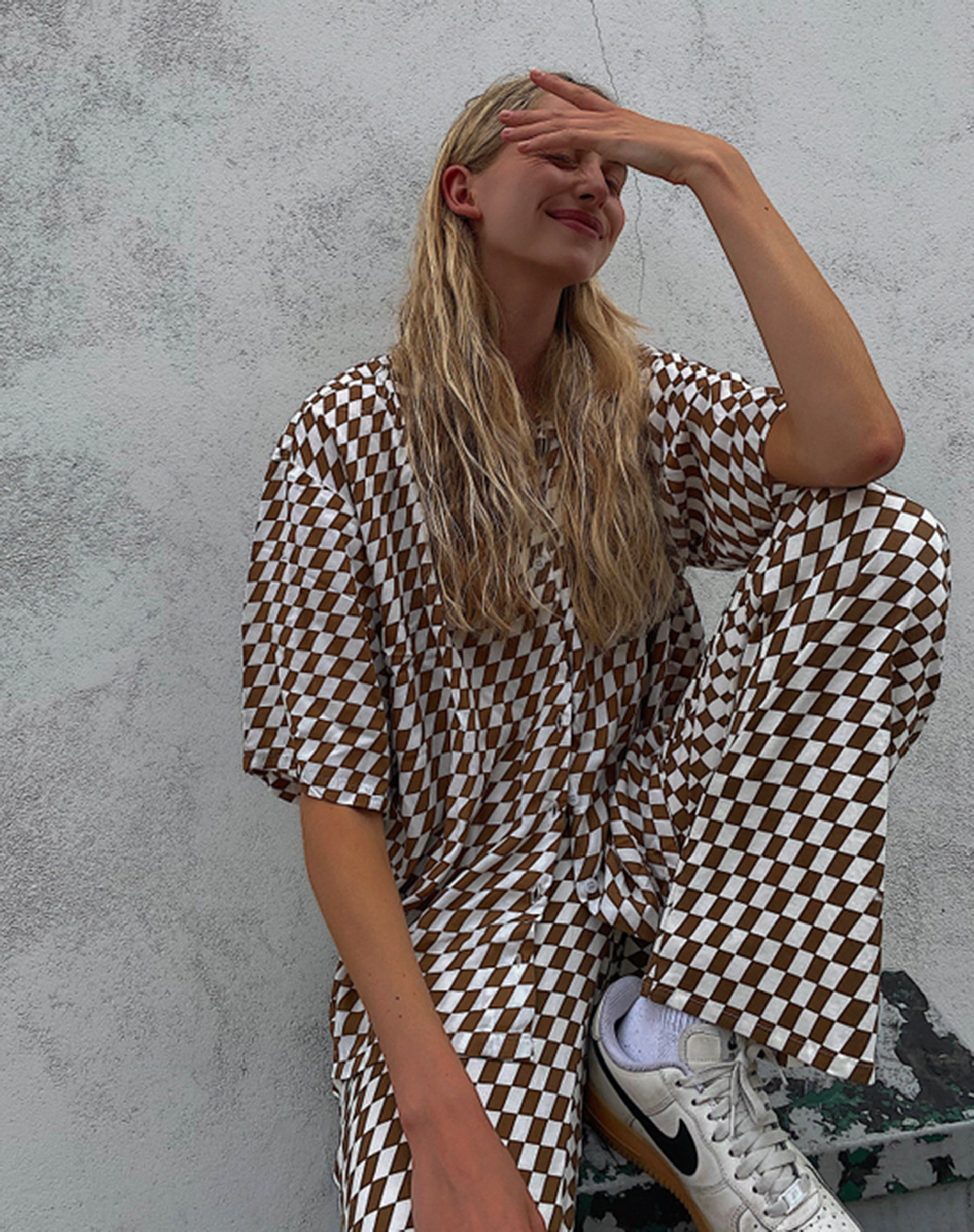 Image of Fresia Shirt Dress in Diagonal Checker Tan and Ivory