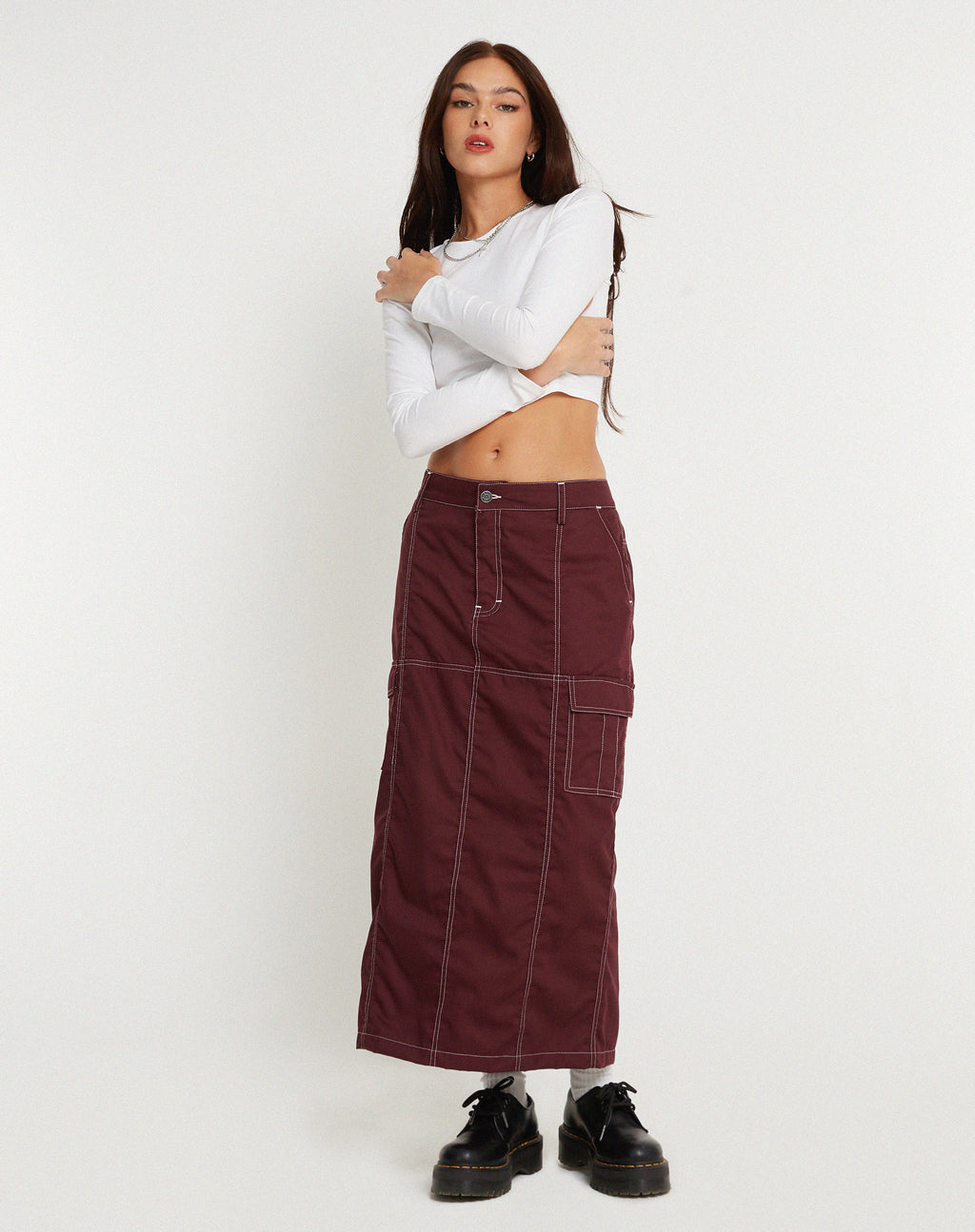 Widya Cargo Midi Skirt in Cotton Drill Redwood with White Top Stitch