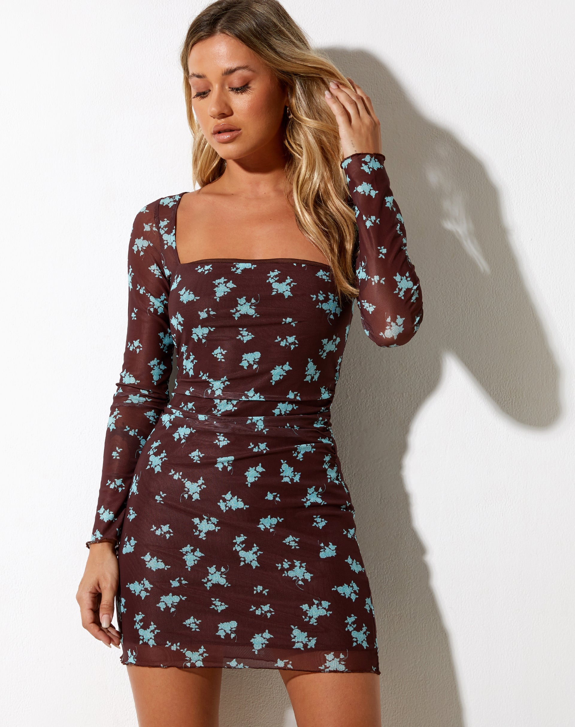 Blue and Brown Floral Print Long Sleeve Mini Dress Wilem