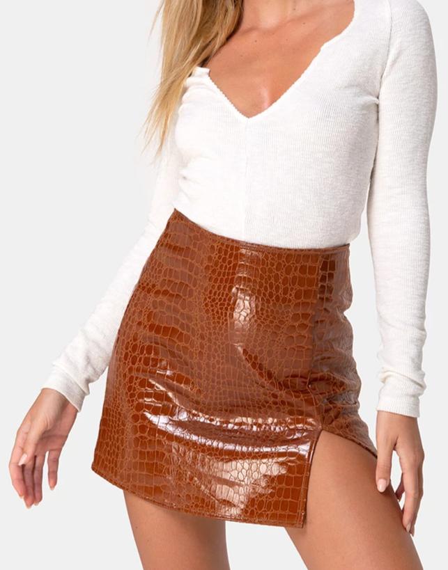 Wren Mini Skirt in PU Croco Brown