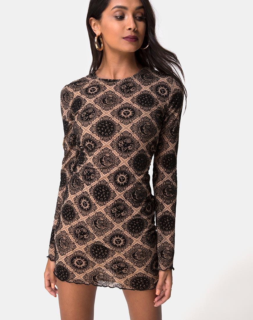 Image of Wyanna Dress in Taupe Net with Black Sign Flock