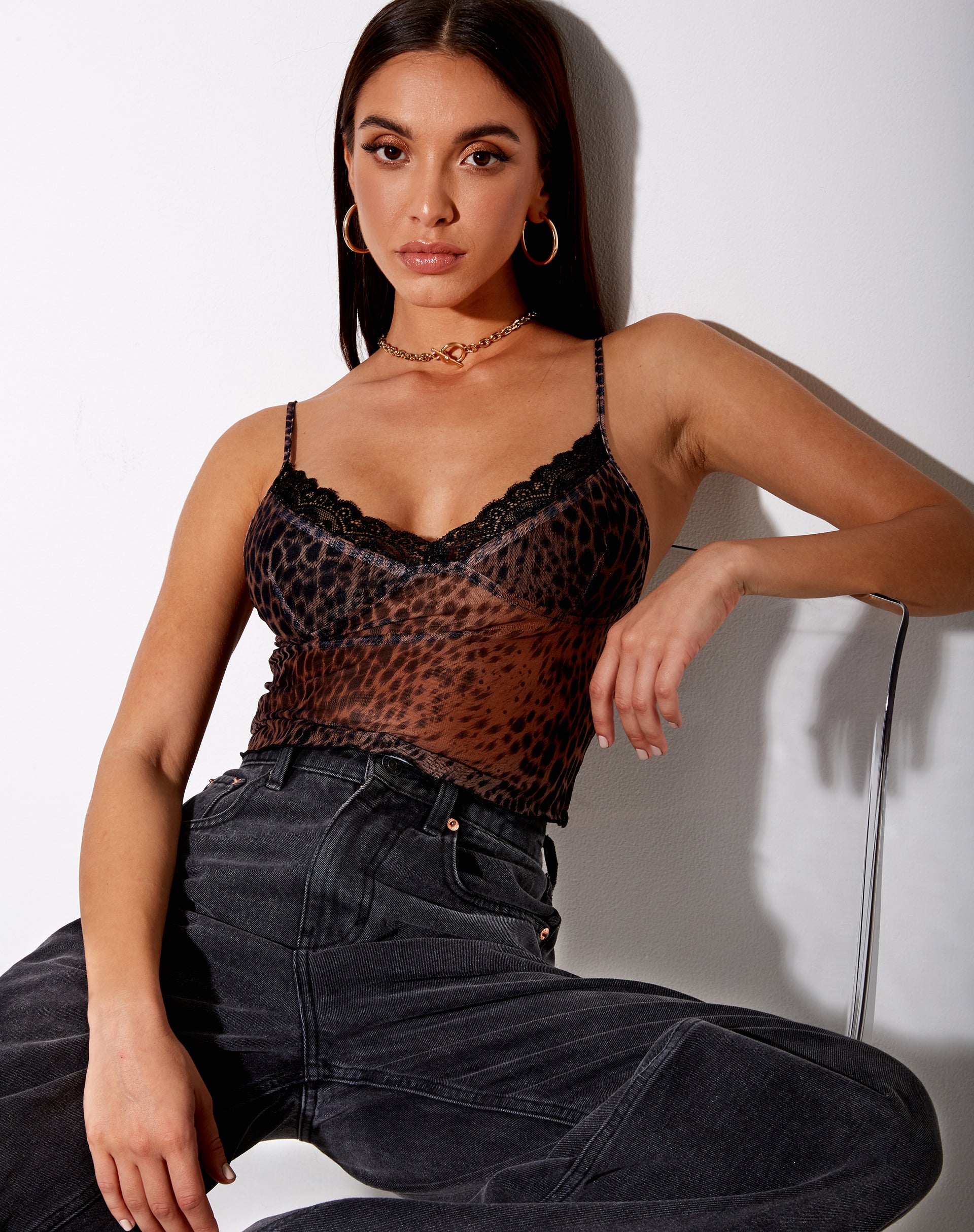Image of Yenika Crop Top in Gradient Cheetah Brown with Lace