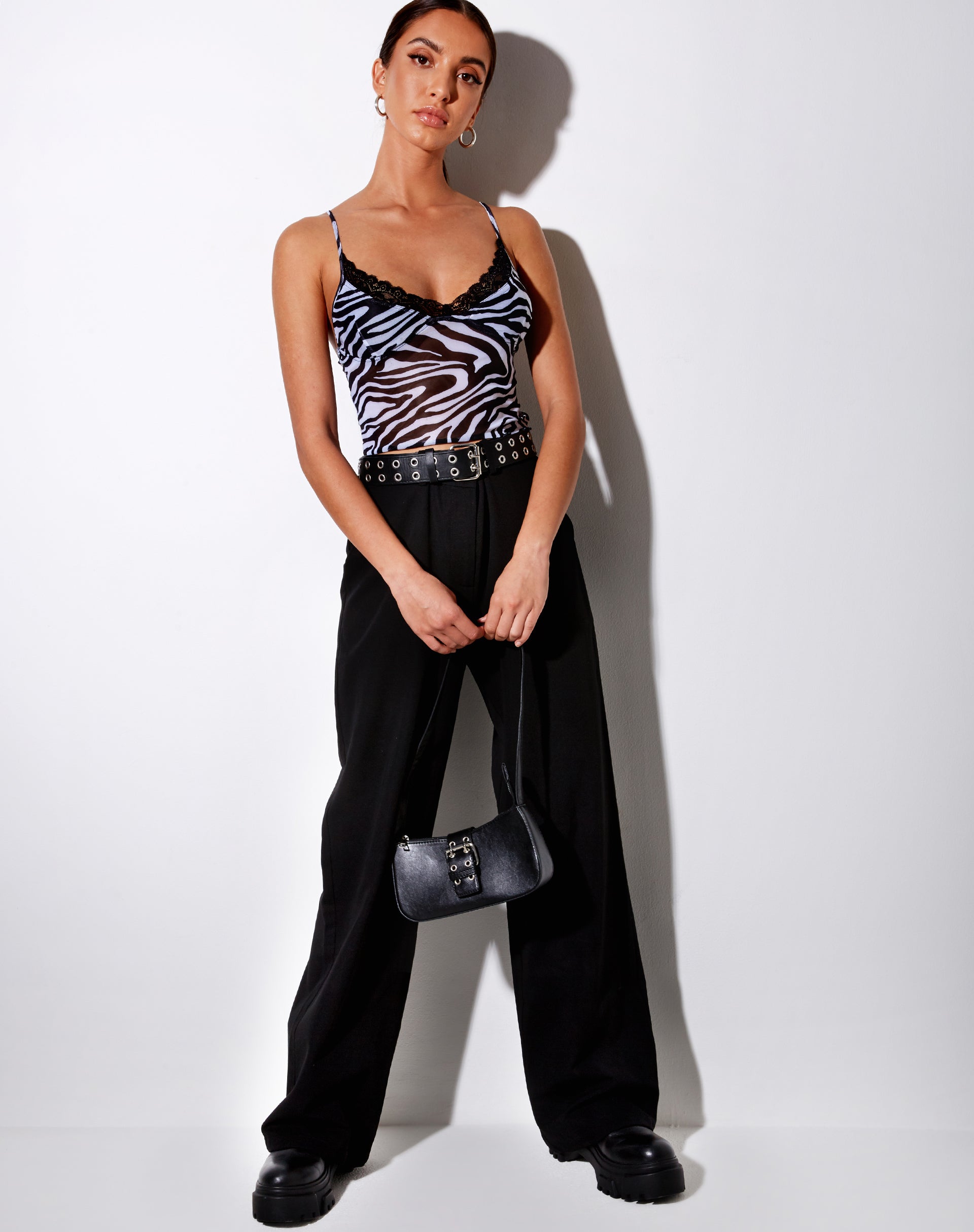 Image of Yenika Crop Top in Wavey Zebra Black and White with Lace