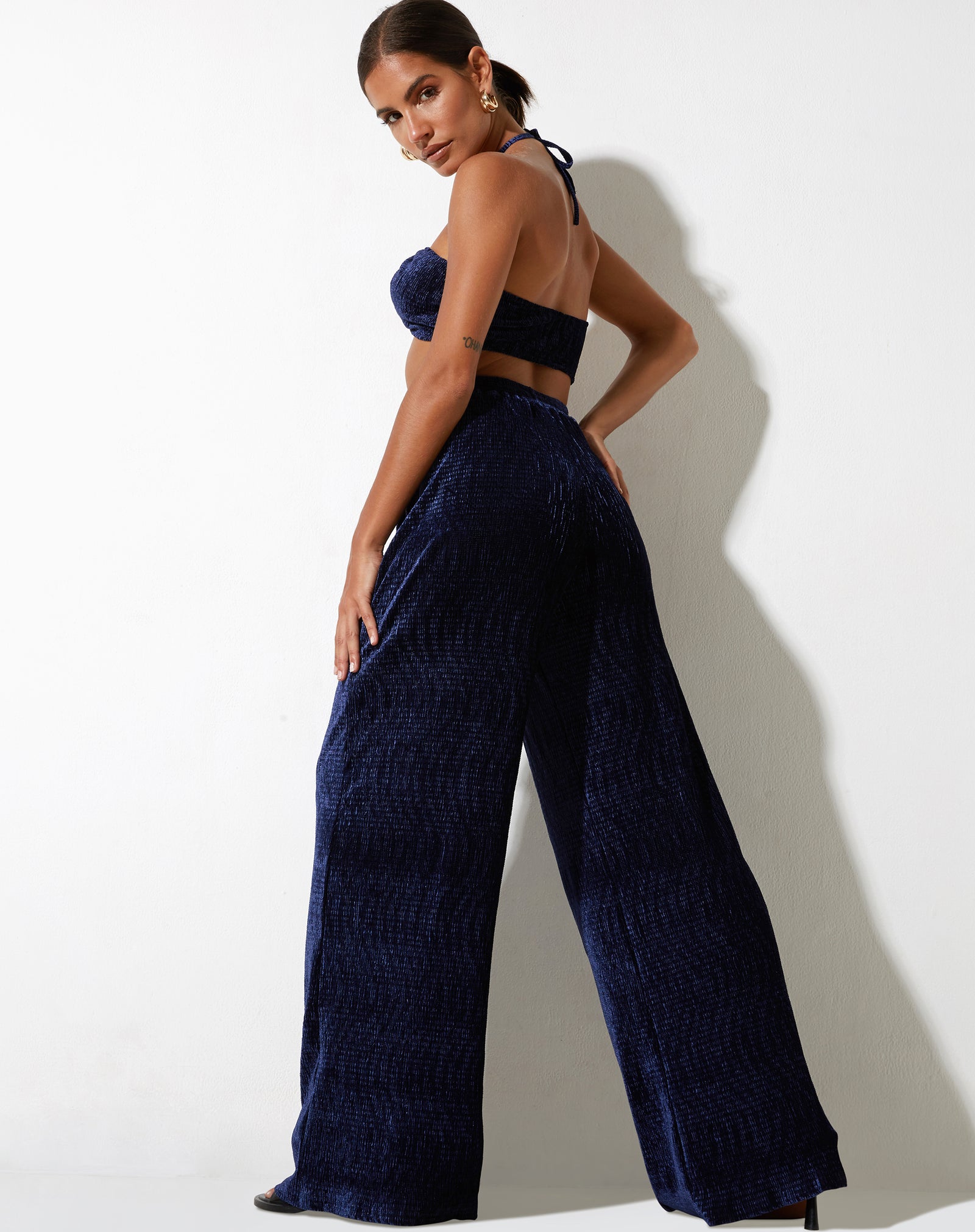 Thea velvet wide leg palazzo trousers in Navy  NRBY