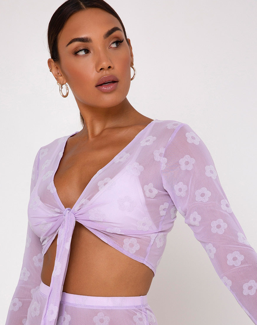 Image of Yun Crop Top in Lilac Mesh Daisy White Flock
