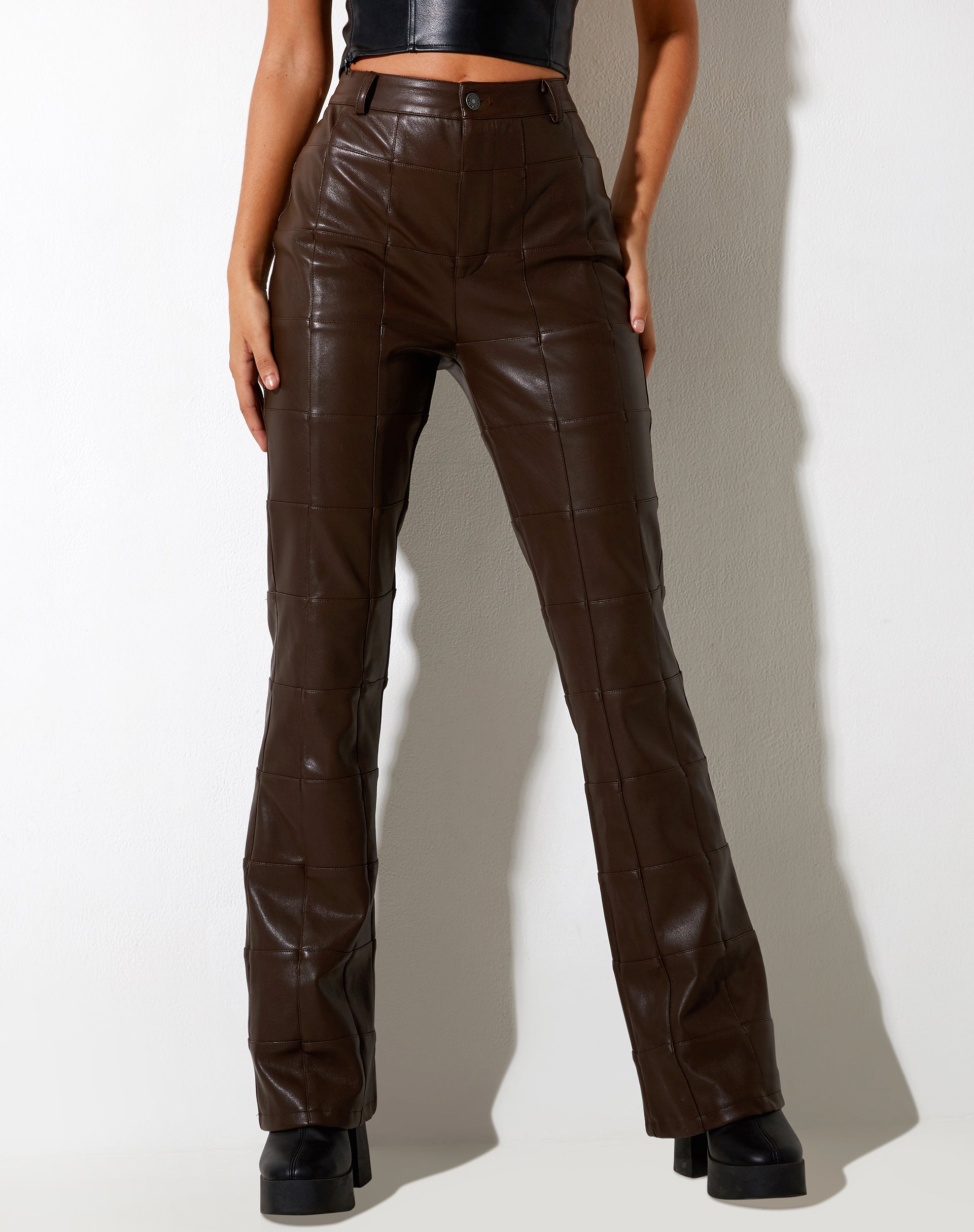 Image of Zolo Trouser in PU Patchwork Choco Brown