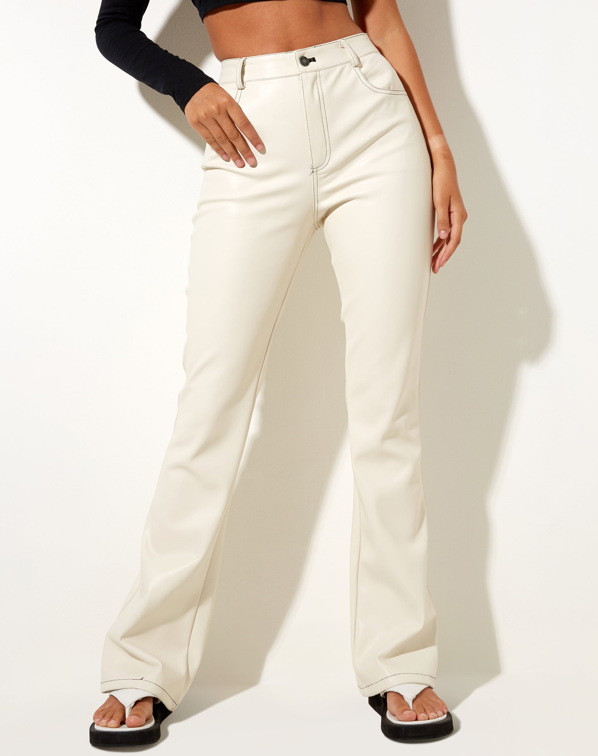 Image of Zorea Trouser in PU Coconut Milk with Black Stitching