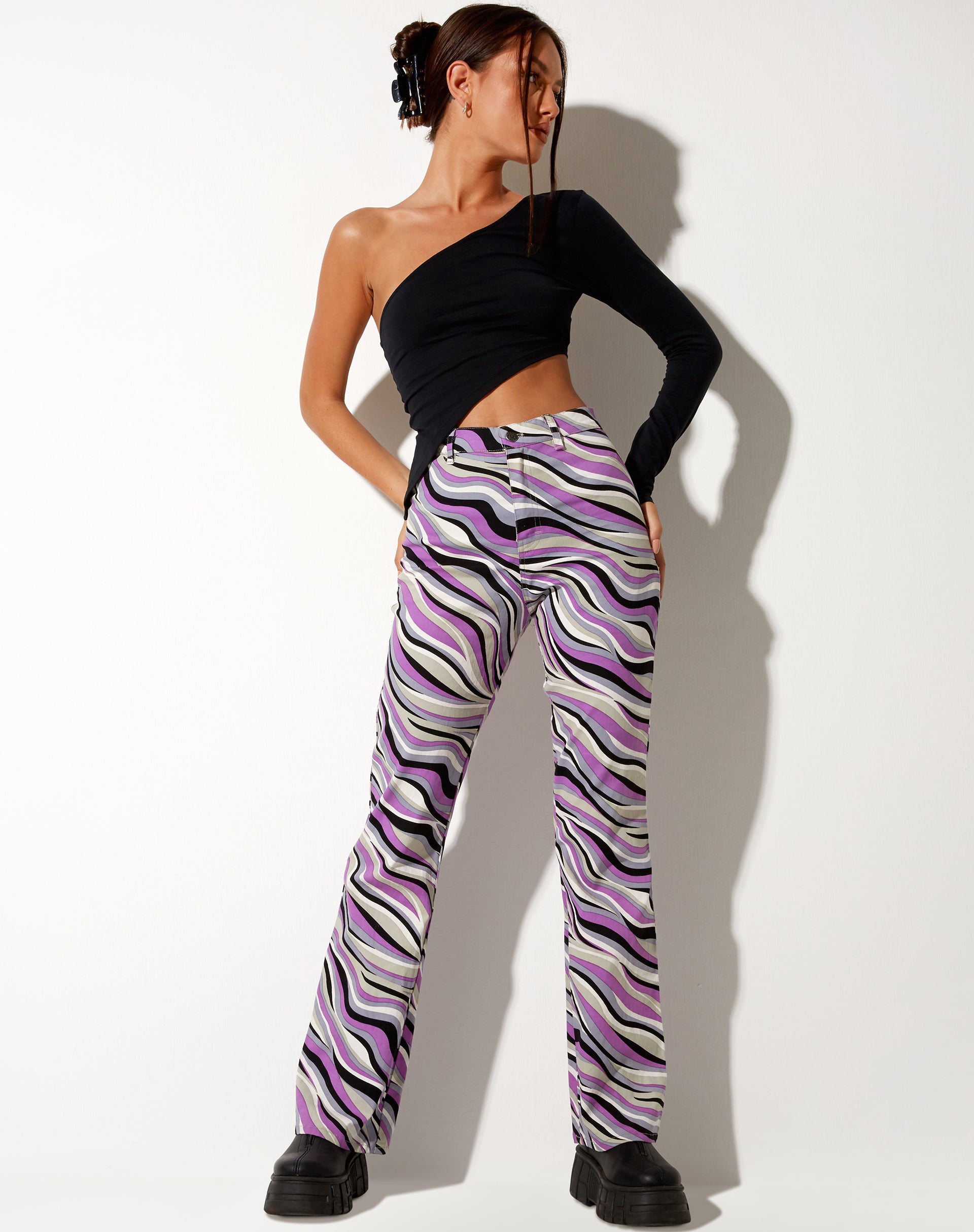 High Waisted Flare Leg Abstract Print Trousers | Zoven – motelrocks.com