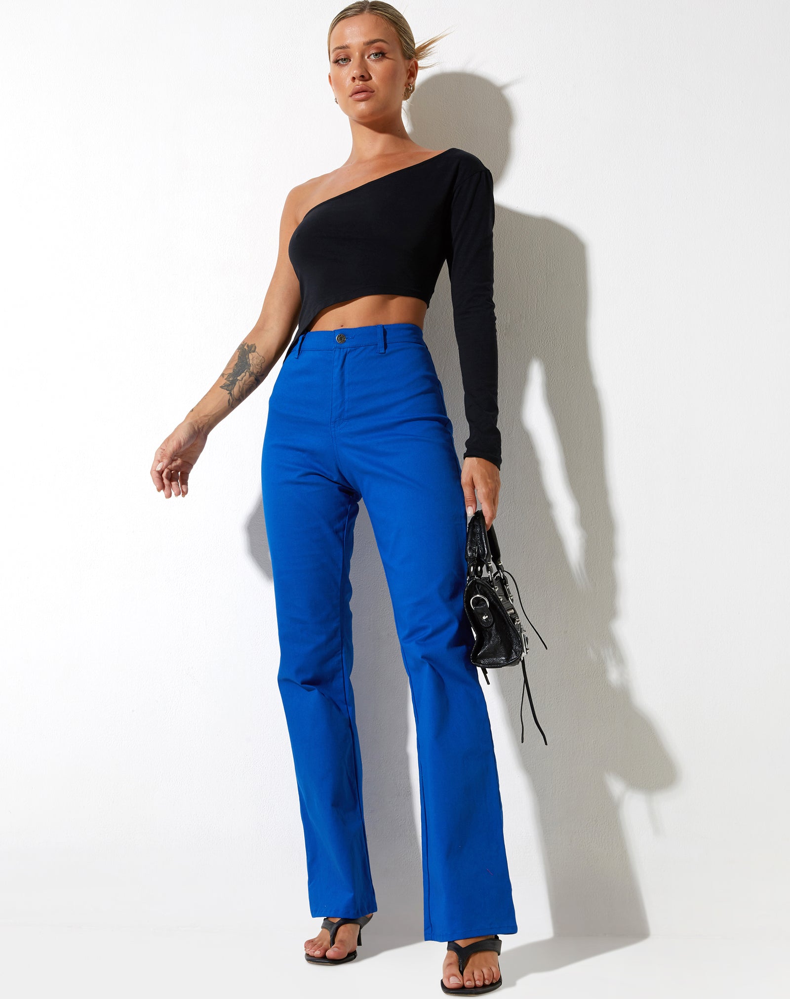 High Waist Wide Leg Pants - BLue - Pomelo Fashion