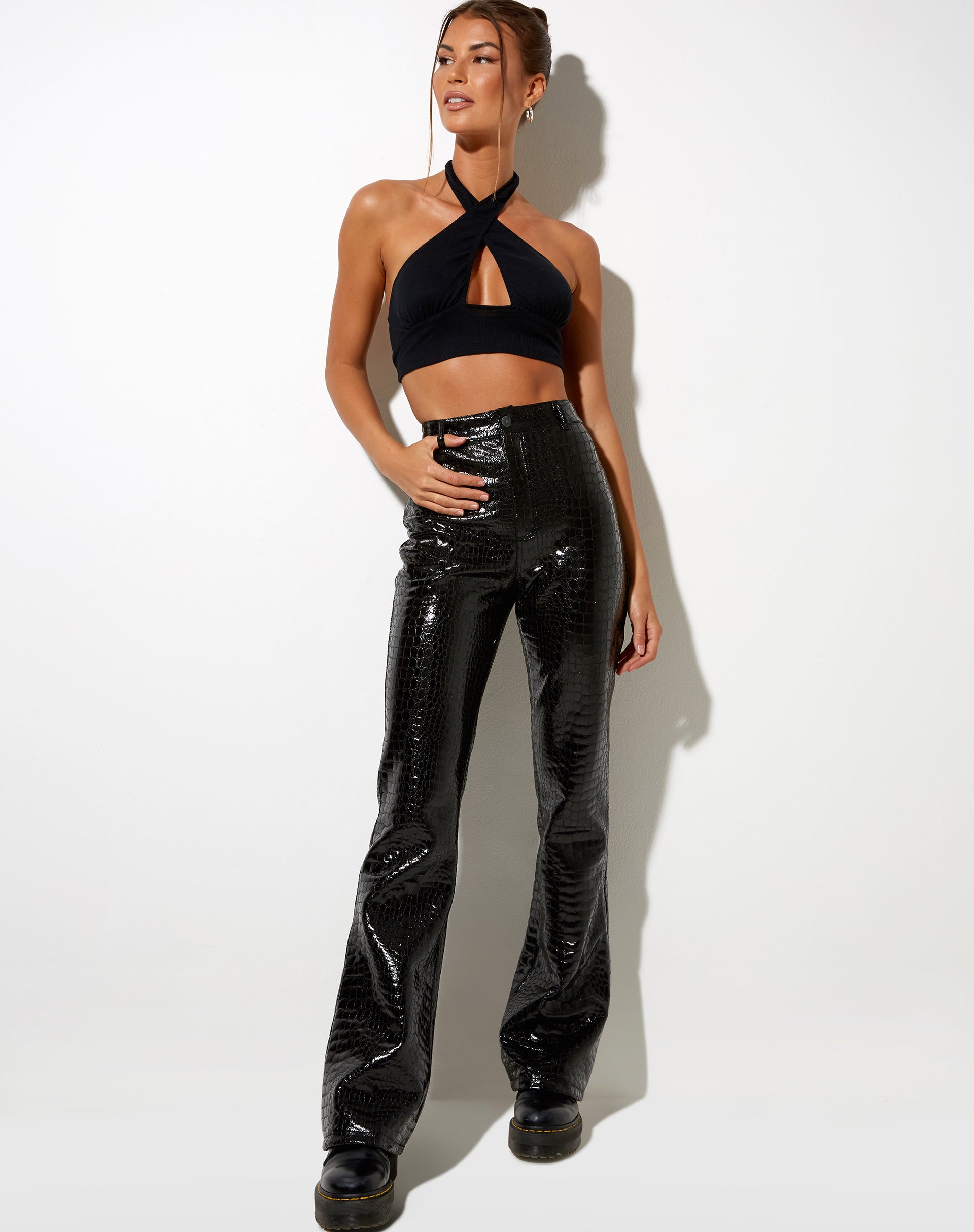 Black Croc Faux Patent Leather High Waisted Flared Trousers